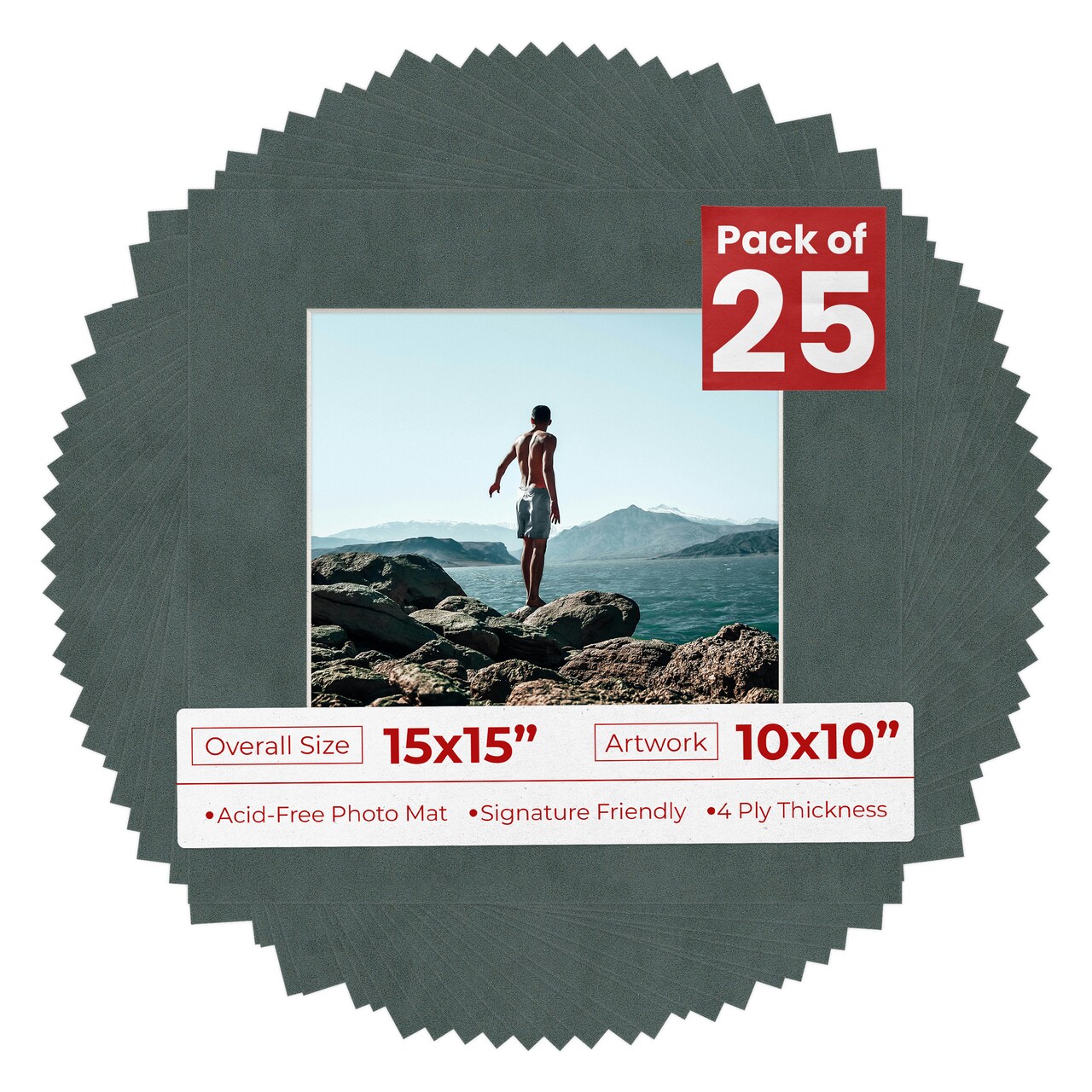 Dark Grey Suede Mat Board for 15x15 Frames - Fits 10x10 Photos